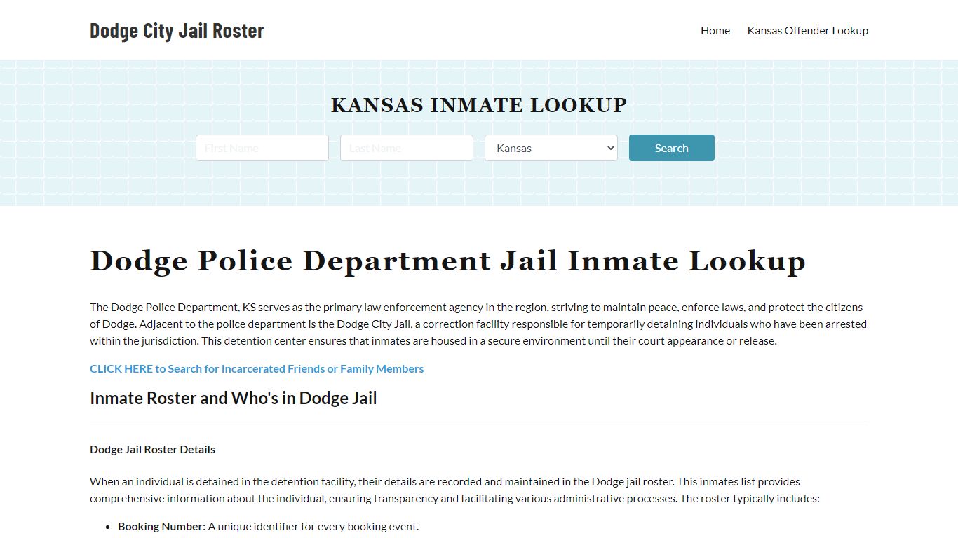 Dodge Police Department & City Jail, KS Inmate Roster, Arrests, Mugshots